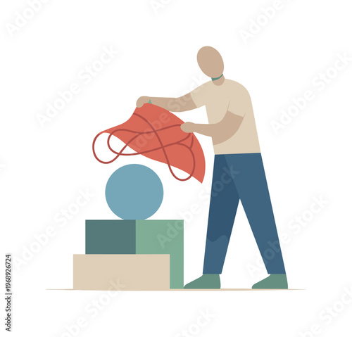 Human figure removing one unnecessary abstract layer, simplifying complexity while preserving structure. Stylized editorial