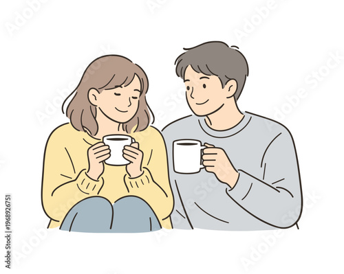 Couple enjoying coffee together in a quiet evening setting, sitting side by side with relaxed posture and warm expressions,