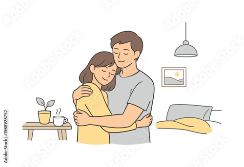 Man woman gentle hug in a morning home setting, relaxed expressions and balanced composition with lots of space, minimalist flat