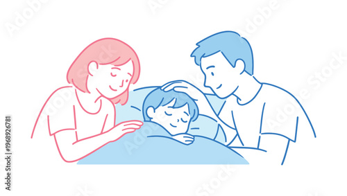 Parents calming sleepy child with gentle presence, friendly proportions and soft interaction highlighting love and security,