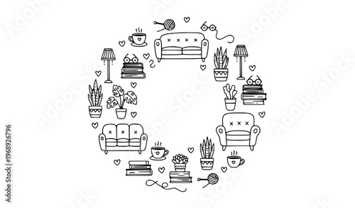 Cute home furnishings doodle illustration with cozy hobby elements in circular composition isolated on white background