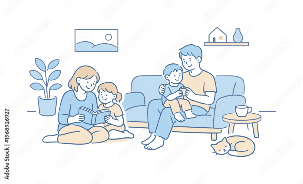 Fototapeta premium Family enjoying gentle family time in secure home, minimalist flat vector illustration with smooth rounded forms, thin clean