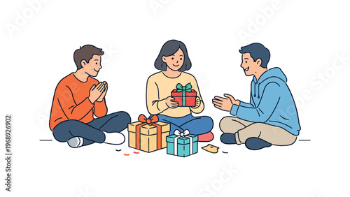 Friends enjoying small gift exchange moment together, balanced composition with gifts centered and open space around, minimalist
