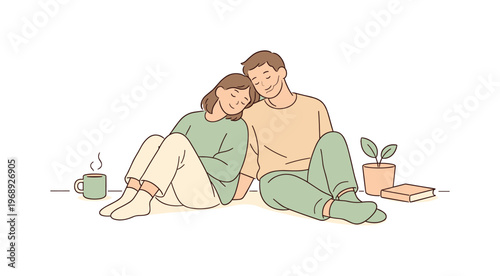 Cozy Evening Relaxation. Couple relaxing cozy home in an evening setting, leaning against each other and enjoying shared silence,