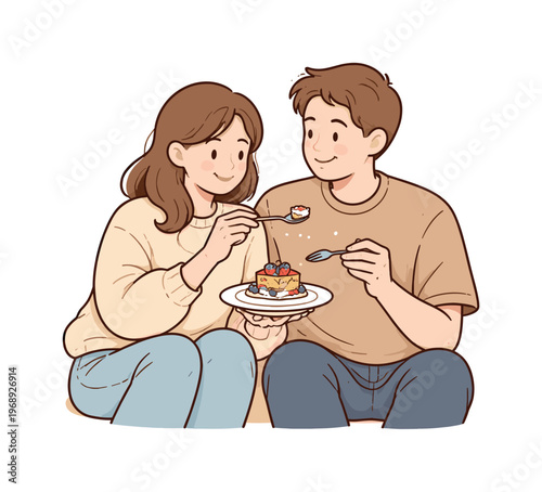 Couple sitting side by side sharing simple dessert plate, gentle interaction and casual posture suggesting intimacy, minimalist
