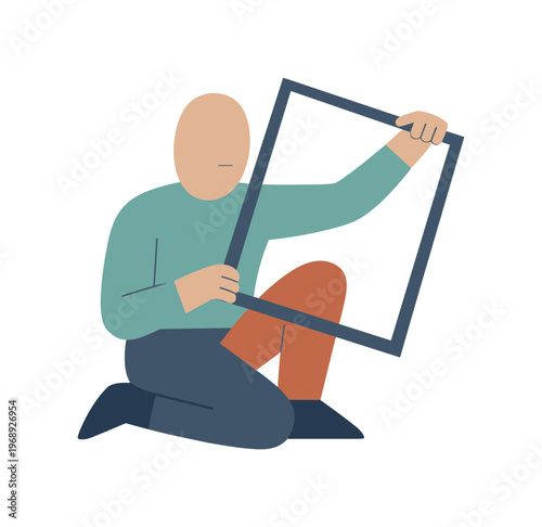 Human figure holding a simple framing guide to test flexibility without reverting to rigidity. Stylized editorial character
