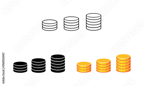 Accumulation process shown through repeated coin stacks placed left to right, uniform round layers and equal heights duplicated