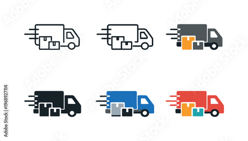 Set of delivery truck icons with boxes in various styles and colors