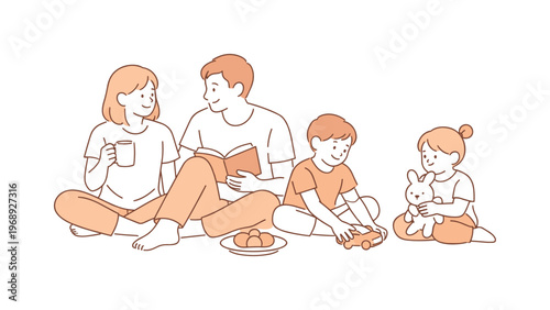 Family enjoying a cozy moment together with reading and playing