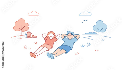 Couple relaxing on grass in park with trees and clouds, enjoying a peaceful day