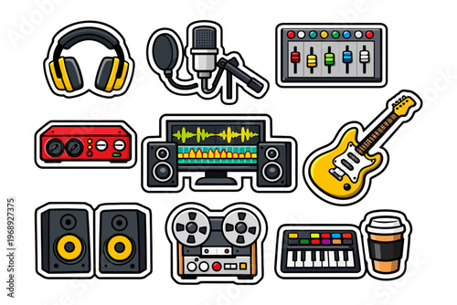 Colorful set of music equipment stickers featuring instruments and audio gear.