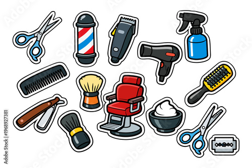 Barber shop icons with tools for haircut and shaving.