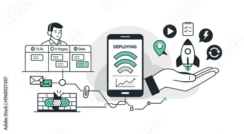 Agile project management workflow with mobile deployment and successful launch icons