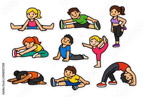 Diverse kids exercising: fun yoga poses and stretches for children.