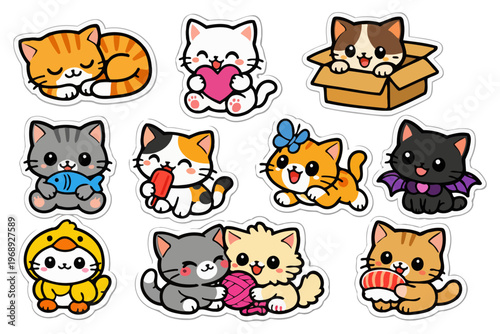 Cute cartoon cats collection: playful kittens in various colors and outfits.