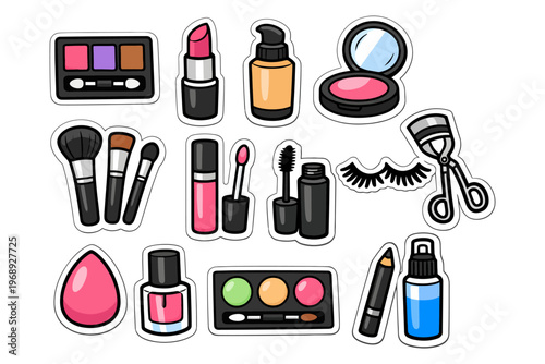 Colorful makeup icon set with lipstick, brushes, eyeshadow, curlers, and more.