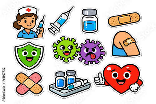 Cartoon medical stickers featuring nurse, vaccine, bandages, virus, shield, and heart.