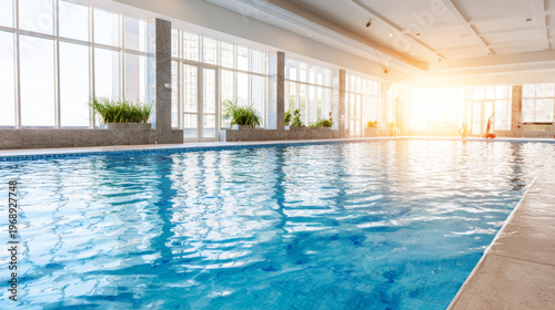 Indoor swimming pool with vibrant blue water and sun rays through tall glass windows. Modern design featuring plants, offering a refreshing spa experience