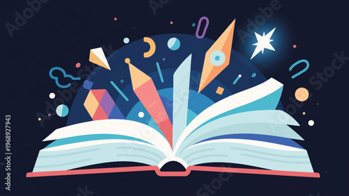Illustration Of Open Book With Magical Elements Flying Out Vector Design Template