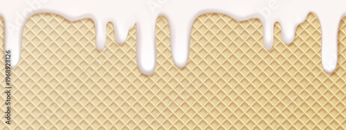 Ice cream waffle and wafer cone texture. White melt gelato on diamond shape 3d cookie pattern. Milk drip on diagonal biscuit vector poster. Vanilla candy sweet sauce on rectangle cake. Summer cornet