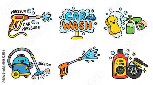 Car wash service icons in colorful doodle illustration style