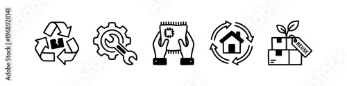Circular economy and repair icons featuring recycle sign, gear wrench, hand mending rug and reuse packaging