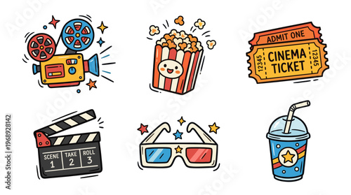 Cinema entertainment icons in colorful doodle illustration style