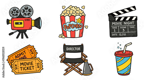 Cinema entertainment icons in colorful doodle illustration style