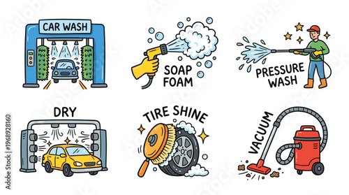 Car wash service icons in colorful doodle illustration style