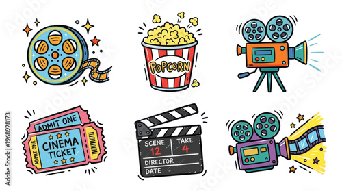 Cinema entertainment icons in colorful doodle illustration style