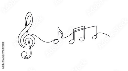Treble clef and music notes in continuous one line drawing style