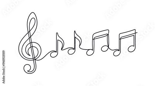 Treble clef and music notes in continuous one line drawing style