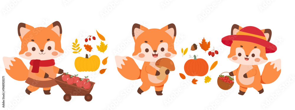 Obraz premium Set of three adorable autumn foxes gathering harvest. Characters include a fox with a wheelbarrow of red apples, a fox holding a mushroom, and a fox with a basket of berries. 
