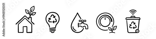 Eco friendly home and energy saving icons with solar lightbulb, water tap and smart recycle bin