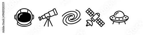 Space exploration and astronomical equipment icons set featuring astronaut and telescope