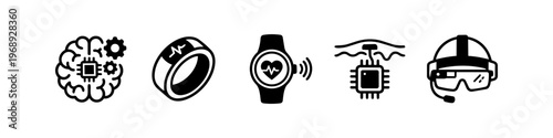 Neurotechnology and wearable devices icons set featuring smart ring, bci implant and ar glasses