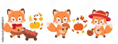 Set of three adorable autumn foxes gathering harvest. Characters include a fox with a wheelbarrow of red apples, a fox holding a mushroom, and a fox with a basket of berries. 