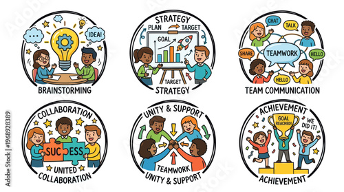 Colorful doodle business teamwork and success concept icon set