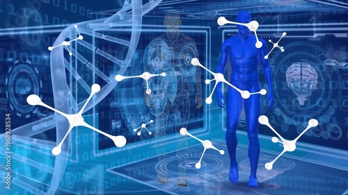Animation of dna strand and medical data processing over blue background