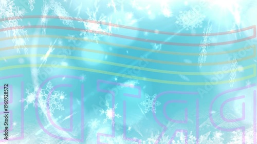 Animation of snow falling over pride text and rainbow flag