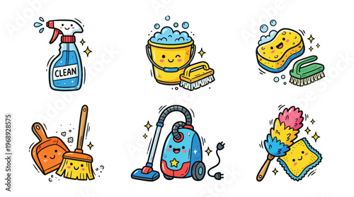 Сolorful doodle cleaning tools icon set with cute household supplies
