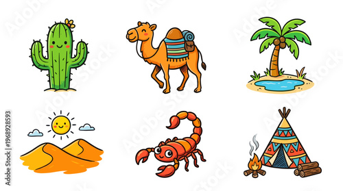 Colorful doodle desert icon set with cactus sun camel and oasis