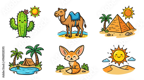 Colorful doodle desert icon set with cactus sun camel and oasis