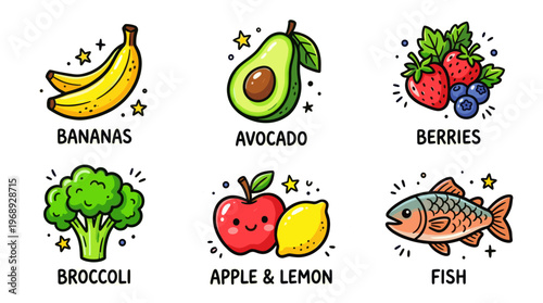 Colorful doodle healthy food icon set with cute fruits and vegetables