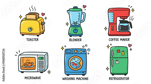 Colorful doodle household appliance icon set with cute kitchen and home devices
