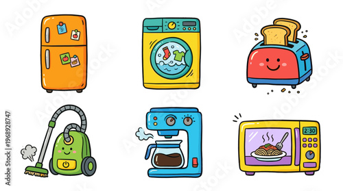Colorful doodle household appliance icon set with cute kitchen and home devices