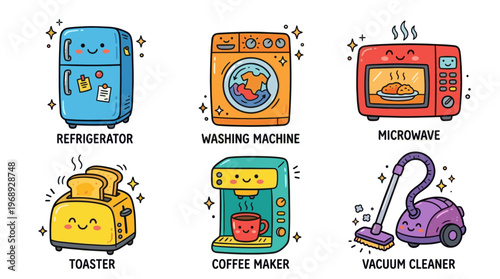 Colorful doodle household appliance icon set with cute kitchen and home devices