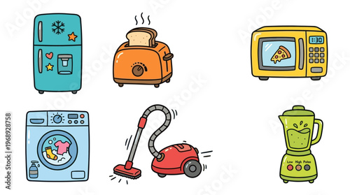 Colorful doodle household appliance icon set with cute kitchen and home devices