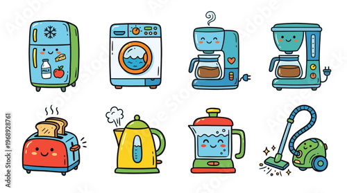Colorful doodle household appliance icon set with cute kitchen and home devices