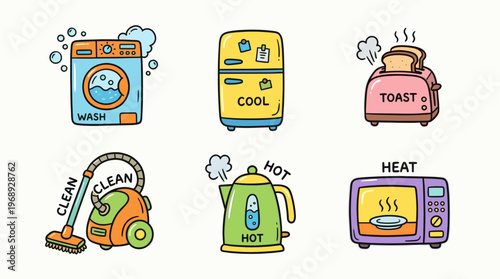 Colorful doodle household appliance icon set with cute kitchen and home devices